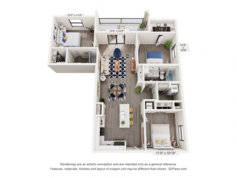 Floor plan for 3 beds, 2 baths, 1195 sqft